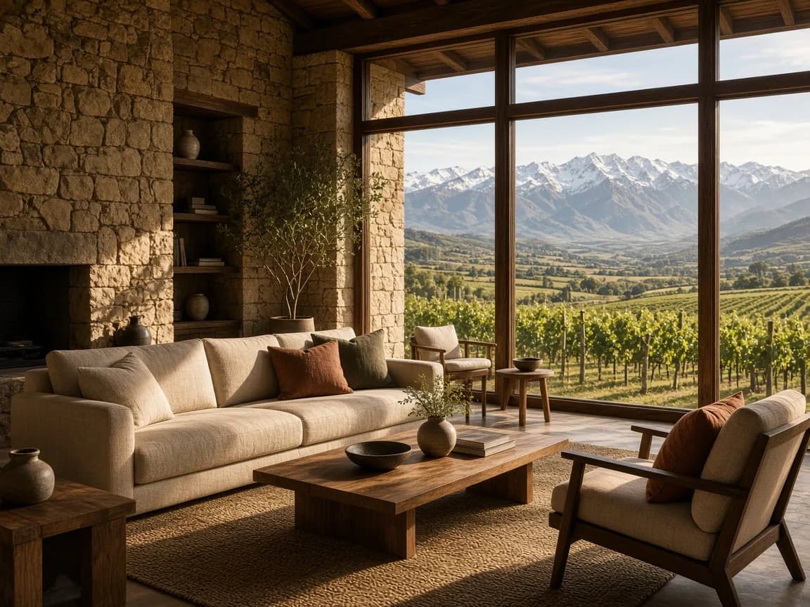 Lobby de piedra y madera con vista a viñedos, Casa Altamira