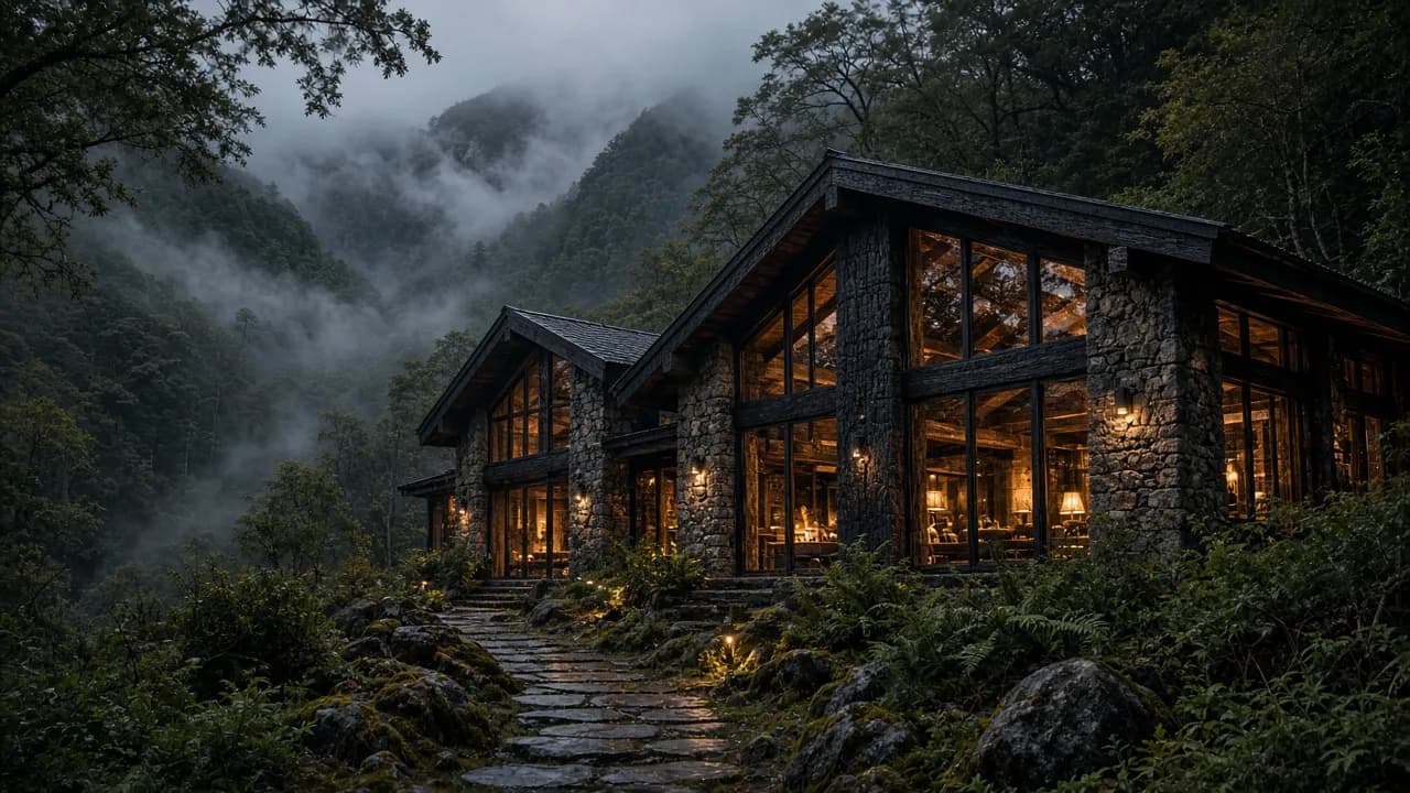 Estancia Mirador entre bosques patagónicos, concepto editorial