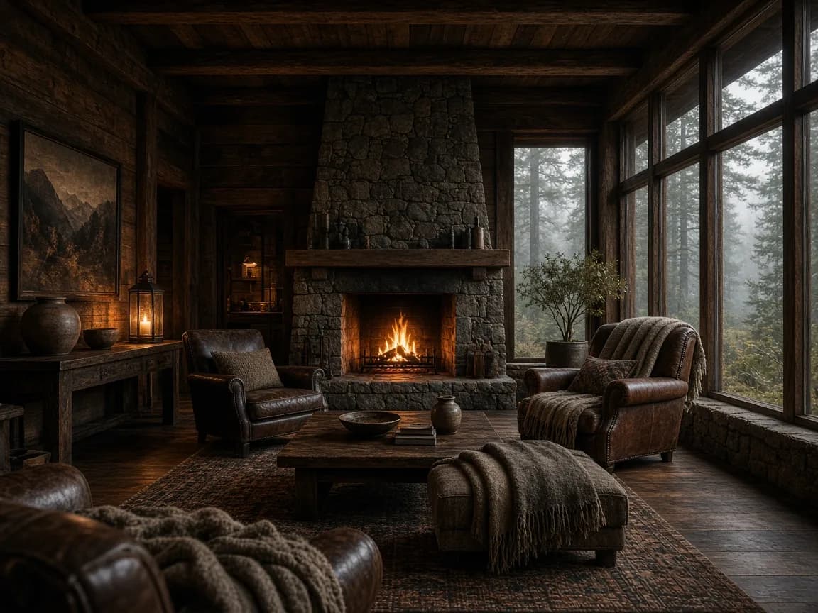 Lobby de madera con fogón central, Estancia Mirador