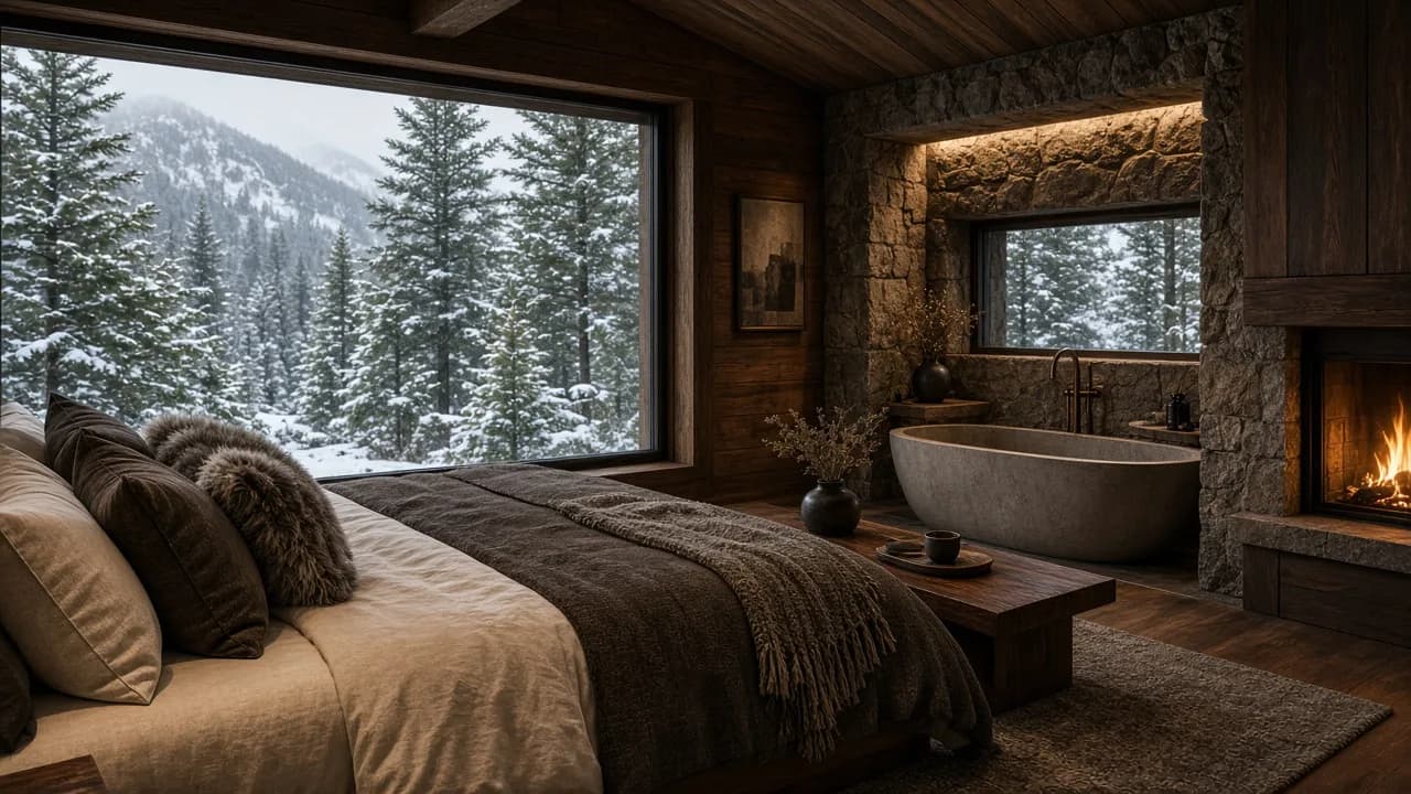 Suite patagónica con textiles pesados, Estancia Mirador