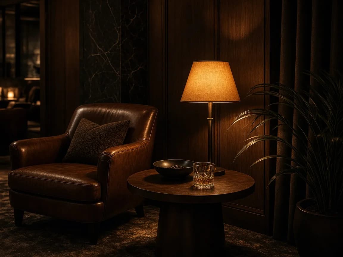 Salón nocturno de hotel con iluminación cálida, concepto editorial
